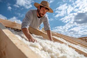 A man in a hat is working on a roof photo