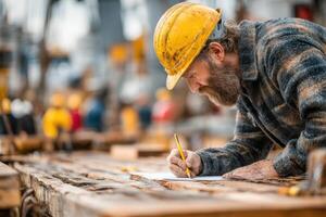 A man in a hard hat writing on a piece of paper photo