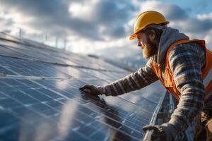 A man in an orange vest and hard hat working on solar panels photo