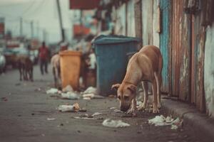 A dog is standing on the side of a street photo