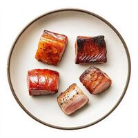 A small plate showcasing different cuts of a single animal, perhaps pork belly, loin, and tenderloin, each cooked in a unique way to highlight its distinct flavor and texture, emphasizing the versatility and variety of the animal, isolated on clean white photo