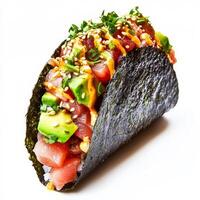 A close-up of a sushi taco, with crispy nori seaweed acting as the taco shell, filled with fresh sashimi, avocado, pickled ginger, and a spicy aioli, garnished with a sprinkle of sesame seeds and cilantro, a playful and unexpected marriage of Japanese and photo
