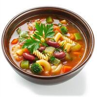 A bowl of hearty minestrone soup, filled with a colorful array of vegetables, pasta, and beans, simmered in a rich tomato broth, garnished with fresh parsley and a drizzle of olive oil, served in a rustic bowl, isolated on clean white background. photo