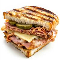 A close-up of a Cuban sandwich, enriched with the tangy and spicy flavours of Korean kimchi, featuring roasted pork, ham, Swiss cheese, pickles, and kimchi mayo, served on grilled Cuban bread, a unique and flavorful twist on a popular sandwich, isolated o photo