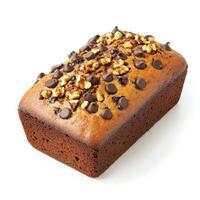 A freshly baked banana bread loaf with a golden crust and a moist, dense interior. The surface is speckled with dark chocolate chips and chopped walnuts, adding extra sweetness and crunch. Isolated on clean white background photo