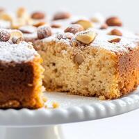 A close-up of a sweet and nutty torta di nocciole dessert, a traditional Italian hazelnut cake, made with ground hazelnuts, eggs, sugar, and a touch of flour, resulting in a dense and moist cake with a rich hazelnut flavor, often dusted with powdered suga photo