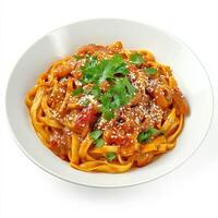 A plate of Indian curry, served over Japanese udon noodles, garnished with fresh herbs and a sprinkle of toasted sesame seeds, a comforting and flavorful fusion of two distinct noodle dishes, isolated on a clean white background. photo
