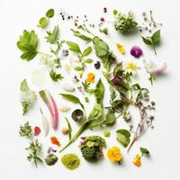 A presentation that mimics nature, with ingredients arranged to resemble a landscape, garden, or other natural element, drawing inspiration from the source of the food and creating an organic feel, isolated on clean white background. photo