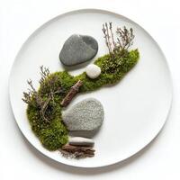 A presentation that incorporates natural elements like stones, moss, or twigs, adding an earthy or organic feel to the plate, bringing the beauty of nature to the dining table in an artistic way, isolated on clean white background. photo