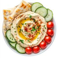 A bowl of creamy hummus, drizzled with olive oil and sprinkled with paprika. The dip is surrounded by fresh pita bread, cucumber slices, and cherry tomatoes, making for a delicious and healthy Mediterranean appetizer. Isolated on clean white background photo