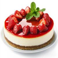 A classic New York-style cheesecake with a dense, creamy filling, a buttery graham cracker crust, and a glossy strawberry glaze on top. Garnished with fresh strawberries and mint leaves, this rich and indulgent dessert is a favorite for any special occasi photo