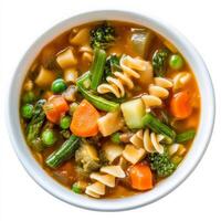 A bowl of Italian minestrone soup, transformed with the rich and creamy flavors of Japanese miso soup, featuring a flavorful broth, mixed vegetables, pasta, and a miso paste infused with dashi broth and a touch of ginger, a comforting and aromatic fusion photo