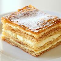 A close-up of a sweet and decadent mille-feuille dessert, a classic French pastry, with layers of crisp and flaky puff pastry, filled with a smooth and creamy vanilla pastry cream, and often topped with a glaze of powdered sugar or chocolate, served slice photo