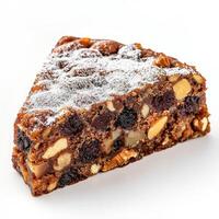A close-up of a traditional panforte di Siena, a dense and chewy Italian fruitcake, made with honey, nuts, candied fruit, and a blend of warm spices, such as cinnamon, cloves, and nutmeg, dusted with powdered sugar and served sliced, a classic Sienese del photo