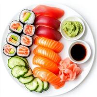 A vibrant sushi platter featuring an assortment of expertly rolled maki and nigiri, including salmon, tuna, avocado, and cucumber, all arranged beautifully. Served with pickled ginger, wasabi, and a small dish of soy sauce, creating a visually appealing a photo