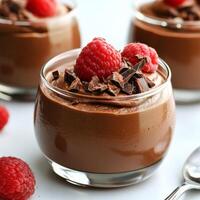 A close-up of a creamy mousse au chocolat noir dessert, a light and airy chocolate mousse, made with dark chocolate, eggs, sugar, and heavy cream, enriched with a touch of espresso, and served in individual glasses, or ramekins, topped with chocolate shav photo