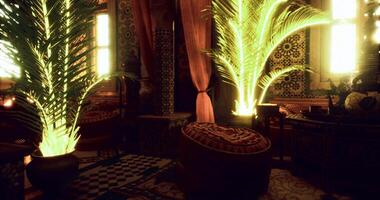 CGI Lush indoor palms in a traditional Moroccan space with vibrant decor video