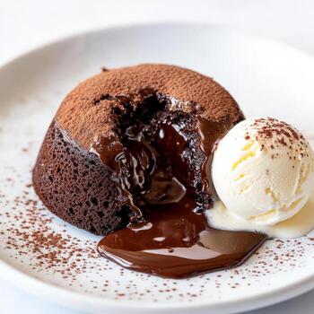A close-up of a chocolate lava cake, a decadent and warm French dessert, with a dark chocolate cake shell, encasing a gooey and molten chocolate center, that oozes out when sliced open, served warm with a scoop of vanilla ice cream, and a dusting of cocoa photo