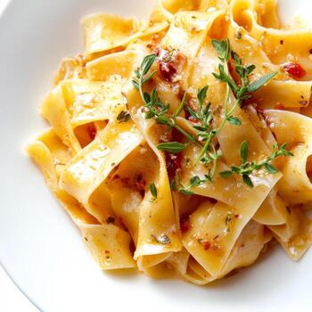 A close-up on the intricate detail of a handcrafted pasta creation, showcasing a pasta dish with intricate shapes or a delicate pattern, emphasizing the care and artistry involved in making pasta from scratch, and highlighted with a vibrant sauce and fres photo