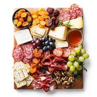 A beautifully arranged charcuterie board featuring an assortment of cured meats such as prosciutto, salami, and chorizo, paired with artisan cheeses, fresh grapes, dried apricots, honey, crunchy nuts, and rustic crackers. A perfect appetizer platter for e photo