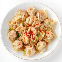 A plate of dim sum, infused with the spicy and savory flavors of Szechuan cuisine, featuring steamed dumplings filled with pork, shrimp, and vegetables, tossed in a chili oil sauce with peanuts and Szechuan peppercorns, a bold and aromatic take on a Chine photo