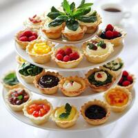 A vibrant platter of assorted mini tartelettes, featuring French tartlets, filled with a variety of sweet and savory fillings, such as lemon curd, chocolate ganache, raspberry jam, frangipane, spinach and feta, and ratatouille, arranged attractively on a photo