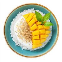 A colorful plate of Thai mango sticky rice dessert with sweet coconut-infused glutinous rice, topped with perfectly ripe, sliced mango and a drizzle of thick coconut cream. Sprinkled with crunchy toasted sesame seeds for an added texture contrast. A tradi photo
