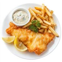 A plate of golden, crispy fish and chips, with flaky beer-battered cod and a side of thick-cut fries. Served with tartar sauce, lemon wedges, and a sprinkle of sea salt. A British pub classic. Isolated on clean white background photo