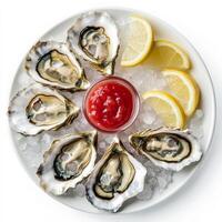 A plate of freshly shucked oysters on a bed of crushed ice, garnished with lemon wedges and a side of cocktail sauce. The oysters glisten with natural brine, ready to be enjoyed. Isolated on clean white background photo