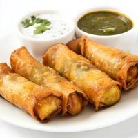 A plate of Chinese egg rolls, transformed with the bold and savory flavors of Indian cuisine, featuring crispy fried egg rolls filled with spiced chicken, potatoes, and onions, served with a side of chutney and raita, a unique and flavorful take on a Chin photo