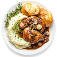 A vibrant plate of coq au vin blanc, chicken braised in white wine with mushrooms, pearl onions, and herbs, served with creamy mashed potatoes and a side of crusty baguette to soak up the flavorful sauce, garnished with fresh thyme and parsley, isolated o photo