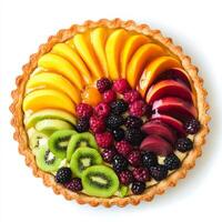 A vibrant and colorful tarte aux fruits, a French fruit tart, with a buttery crust filled with a creamy pastry cream and topped with fresh seasonal fruits, such as berries, kiwi, and peaches, arranged in a decorative pattern, showcasing the artistry of Fr photo