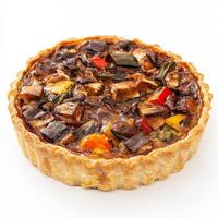 A close-up of a French quiche, transformed with the bold and spicy flavours of Mexican mole sauce, featuring a flaky pastry crust, filled with a creamy custard, vegetables, and mole-braised chicken, a unique and flavourful fusion dish, isolated on a clean photo