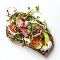 An open-faced sandwich, elevated with high-quality ingredients and artistic arrangement, showcasing how even seemingly simple dishes can be reimagined for haute cuisine, emphasizing balance and composition, isolated on clean white background. photo