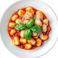 A plate of tender gnocchi al pomodoro, with soft potato dumplings tossed in a simple and flavorful tomato sauce, garnished with fresh basil leaves and grated parmesan cheese, served on a white plate, isolated on clean white background. photo
