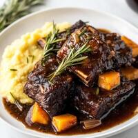 A plate of braised short ribs with red wine and rosemary, featuring tender beef short ribs braised in a rich red wine sauce with rosemary, garlic, onions, carrots, and celery, served over a bed of creamy polenta or mashed sweet potatoes, and garnished wit photo