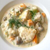 A plate of blanquette de poisson, a creamy fish stew, made with white fish fillets, mushrooms, carrots, pearl onions, and leeks, simmered in a white sauce with cream and lemon juice, resulting in a light and elegant seafood dish, served with rice or crust photo