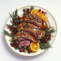 A plate of galantine de canard, a stuffed duck dish, with duck meat, minced pork, pistachios, and aromatic herbs, encased in a duck skin, poached or braised until tender, and served sliced as an appetizer or main course, garnished with cranberries, orange photo