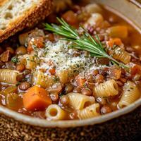 A close-up of a warm and comforting pasta e lenticchie soup, a hearty Italian pasta and lentil soup, with small tube pasta, lentils, carrots, celery, onions, garlic, and a touch of pancetta for depth of flavor, simmered in a rich tomato broth with herbs, photo