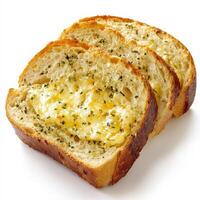 A warm loaf of garlic bread, sliced open to reveal a buttery, herb-infused spread, with melted Parmesan cheese bubbling on top. The crispy edges and soft center make it irresistible. Isolated on clean white background photo