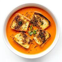 A creamy tomato soup, infused with the smoky flavours of chipotle peppers and the savory notes of Japanese miso paste, served with grilled cheese croutons filled with Oaxaca cheese and seaweed flakes, a unique and unexpected take on a comforting classic, photo