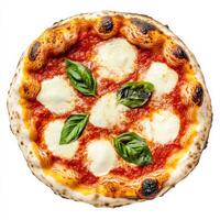 A close-up of a wood-fired Neapolitan pizza margherita, with a thin and crispy crust, topped with fresh tomato sauce, mozzarella cheese, and basil leaves, baked to perfection in a traditional wood-fired oven, showcasing the vibrant colors of the Italian f photo