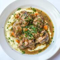 A plate of braised rabbit with white wine and herbs, featuring tender rabbit pieces braised in a flavorful white wine sauce with garlic, onions, carrots, celery, thyme, and bay leaves, served with creamy polenta, mashed potatoes, or egg noodles, and garni photo