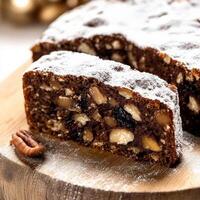 A close-up of a traditional panforte di Siena, a dense and chewy Italian fruitcake, made with honey, nuts, candied fruit, and a blend of warm spices, such as cinnamon, cloves, nutmeg, and coriander, dusted generously with powdered sugar and served sliced, photo