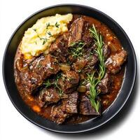 A plate of braised wild boar with juniper berries and red wine, featuring tender chunks of wild boar meat, braised slowly in a rich red wine sauce, infused with the aromatic flavors of juniper berries, rosemary, thyme, garlic, and onions, resulting in a h photo