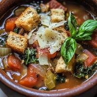 A close-up of a warm and comforting acquacotta soup, a hearty Italian bread and vegetable soup, with stale bread, tomatoes, onions, garlic, kale, and other seasonal vegetables, simmered in a flavorful broth until thick and flavorful, garnished with a driz photo