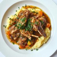 A plate of braised rabbit with white wine and herbs, featuring tender pieces of rabbit meat braised in a flavorful white wine sauce with garlic, onions, carrots, celery, thyme, and bay leaves, served with creamy polenta, mashed potatoes, or egg noodles, a photo