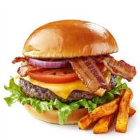 A gourmet burger with a juicy beef patty, melted cheddar cheese, crispy bacon, lettuce, tomato, red onion, and a toasted brioche bun, served with a side of sweet potato fries. Isolated on clean white background photo
