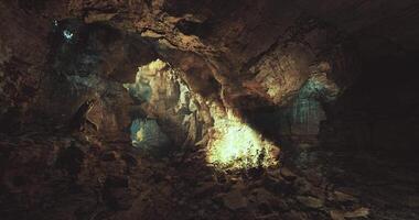 CGI Exploring a mystical underground cave with shimmering water and rock formations video