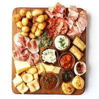 A vibrant platter of assorted gnocco fritto and tigelle, featuring crispy fried dough pillows and small flatbreads, served with a selection of cured meats, cheeses, and sauces for filling and dipping, a specialty from the Emilia-Romagna region, showcasing photo